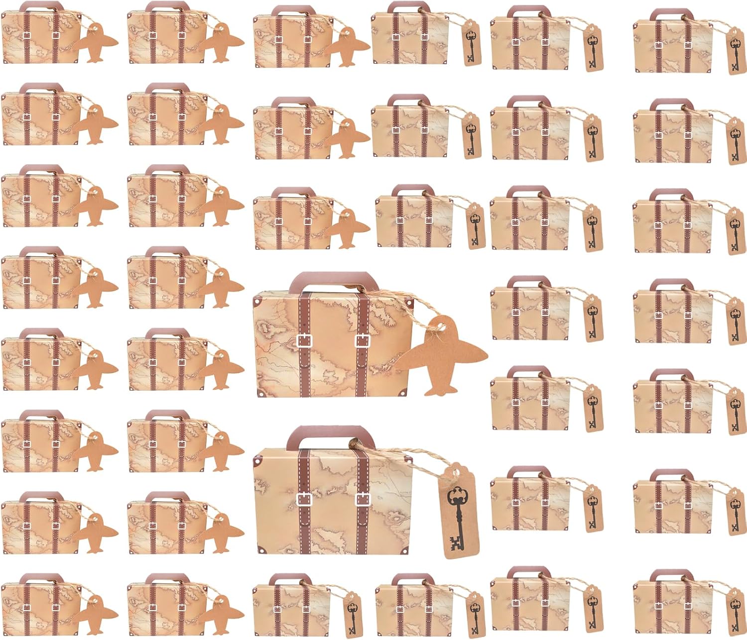 Eabdice Pack of 40 Mini Suitcase Gift Boxes, World Map Mini Suitcase Gift Box, Vintage Kraft Paper with Labels and Jute String for Travel, Theme Party, Bridal Shower (Brown)