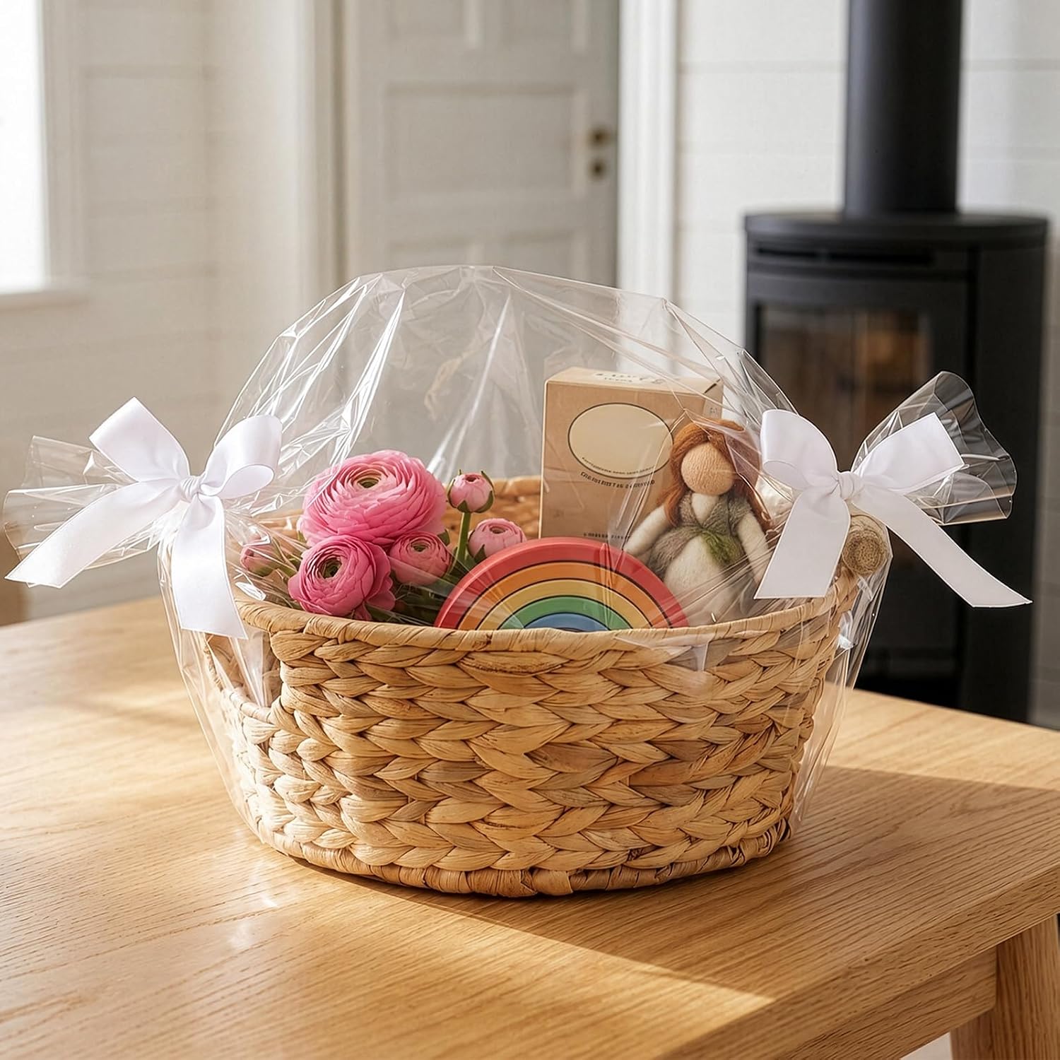 Braided Gift Basket, Empty, Round Storage Basket Made of Water Hyacinth with Wooden Handles, Gift Basket for Filling, Wicker Basket for Gifts & Decoration, 31.2 x 29.8 x 13.8 cm – Bild 3