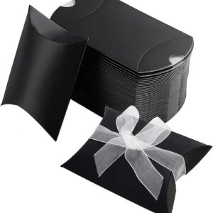 Pack of 50 Black Cushion Gift Boxes 9 x 6.5 x 2.4 cm Folded Size Paper Candy Treat Boxes with Ribbon for Wedding Birthday Party Favour Jewellery and Small Gift Packaging
