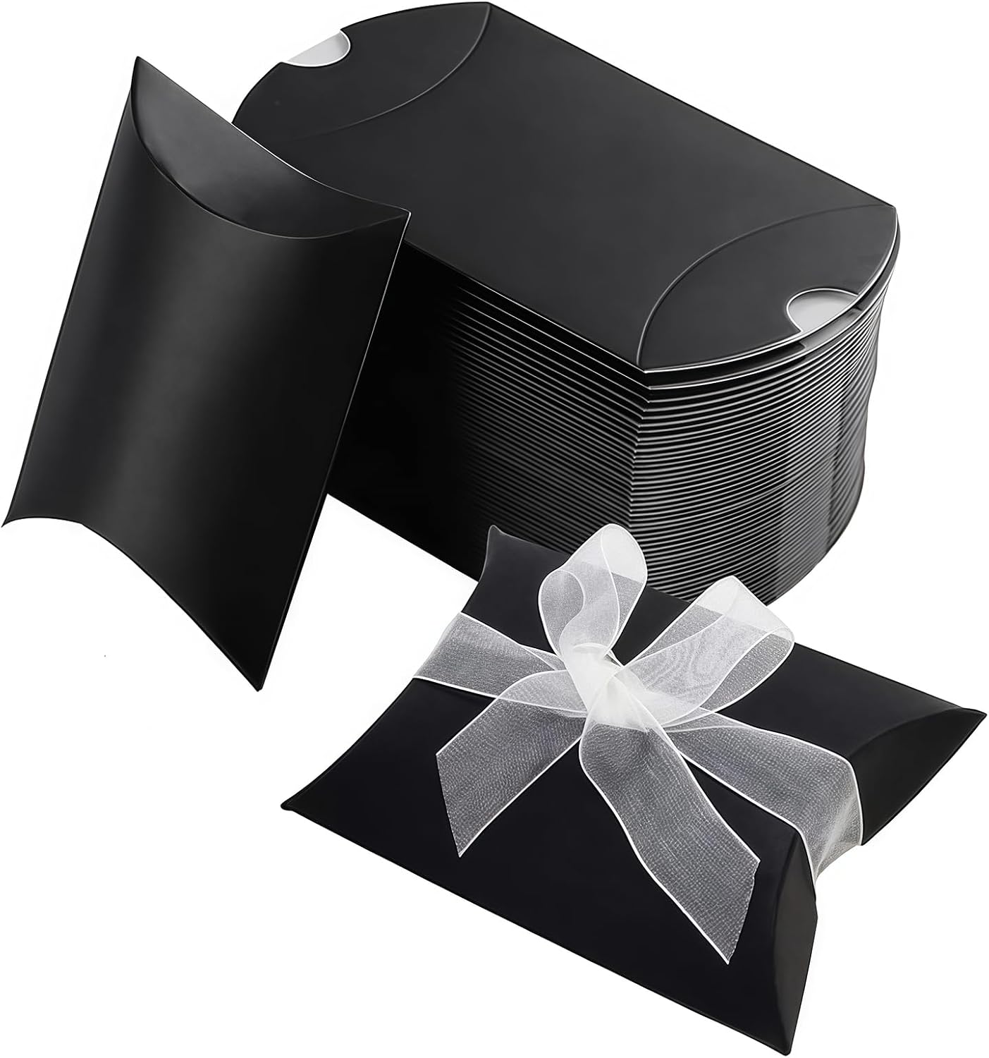 Pack of 50 Black Cushion Gift Boxes 9 x 6.5 x 2.4 cm Folded Size Paper Candy Treat Boxes with Ribbon for Wedding Birthday Party Favour Jewellery and Small Gift Packaging