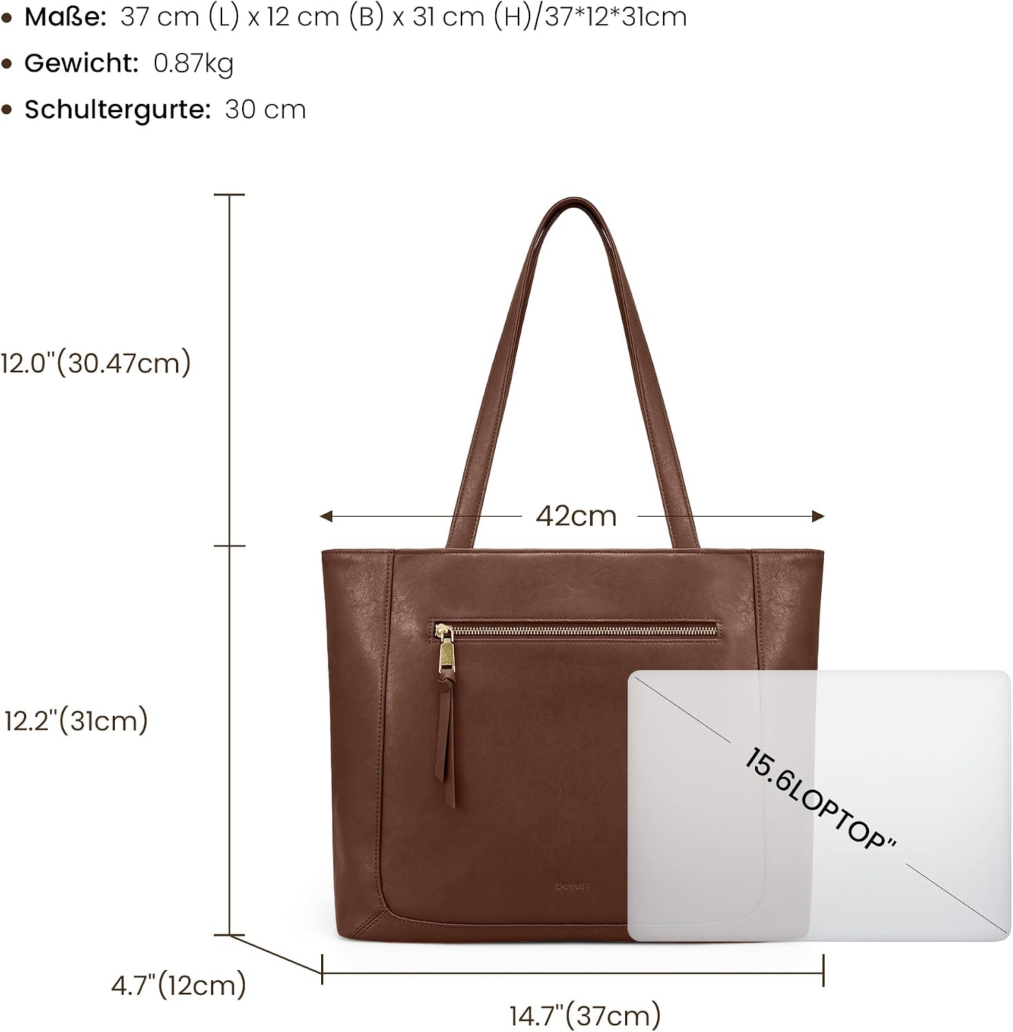 befen Genuine Leather Handbag, Women's Large Shopper Bag with 15.6 Inch Laptop Compartment, Leather Tote Bag, Briefcase, Teacher Bag with Laptop Compartment, Fashion Shoulder Bag for Business, Office – Bild 5