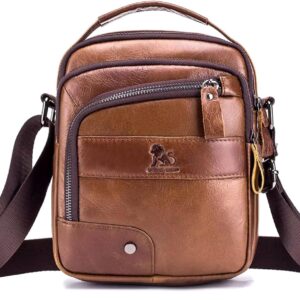 Genuine Leather Shoulder Bag, Casual Fashion Crossbody Bag, Waterproof, Wear-Resistant, Multifunctional Outdoor Backpack, Suitable for Men and Women, Vintage Business Travel, Small School Bag, Brown