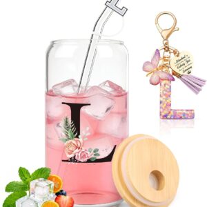 TUZELIYA A-Z Personalised Gifts with Letters - Glass Mug with Lid & Straw + Keyring Letter, Gift for Women & Girls, Birthday, Valentine's Day & Christmas, L