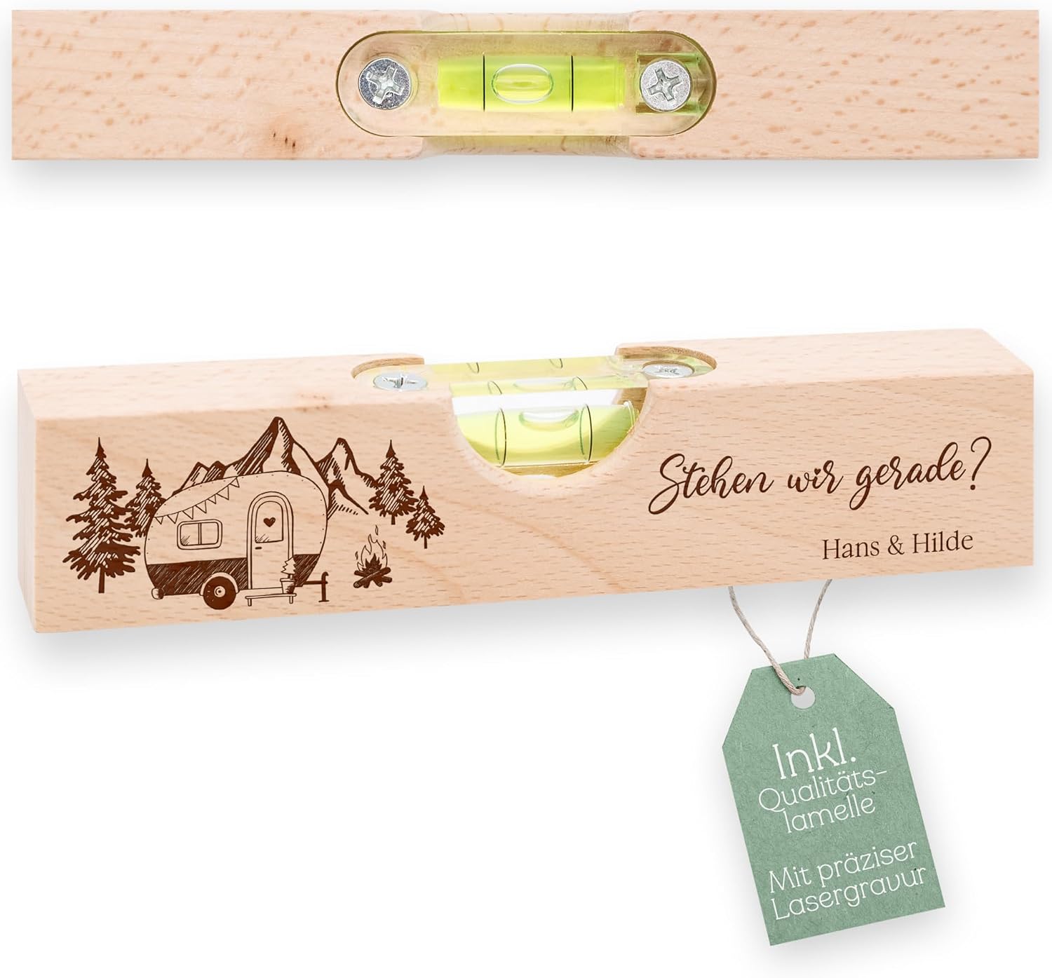Spirit level personalised as gifts for men, dad gift, camping, outdoor, the ideal companion camper and caravan tool (Are we standing straight?)