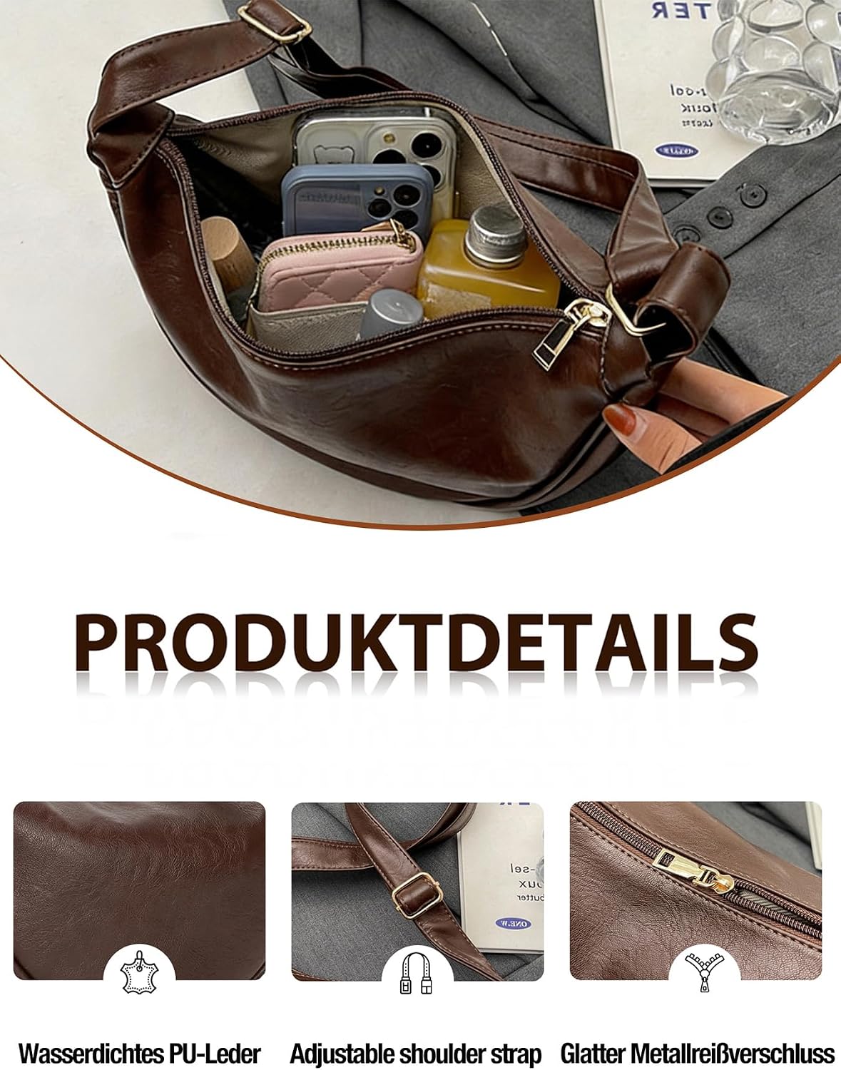 Half moon bag women's PU leather retro crossbody bag small, made of waterproof material, with adjustable shoulder strap. Shoulder bag is ideal for commuters, shopping and everyday use. – Bild 6