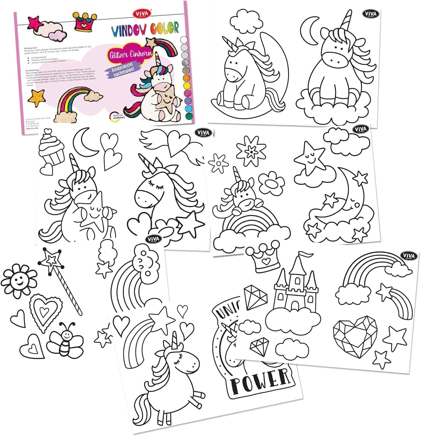 LM-Kreativ Window Colour Set Glitter Unicorn - Dive into a World of Colours with 12 x 80 ml Window Colour Water-Based Paints. Plus Template Book with 35 Unicorn Motifs – Bild 2
