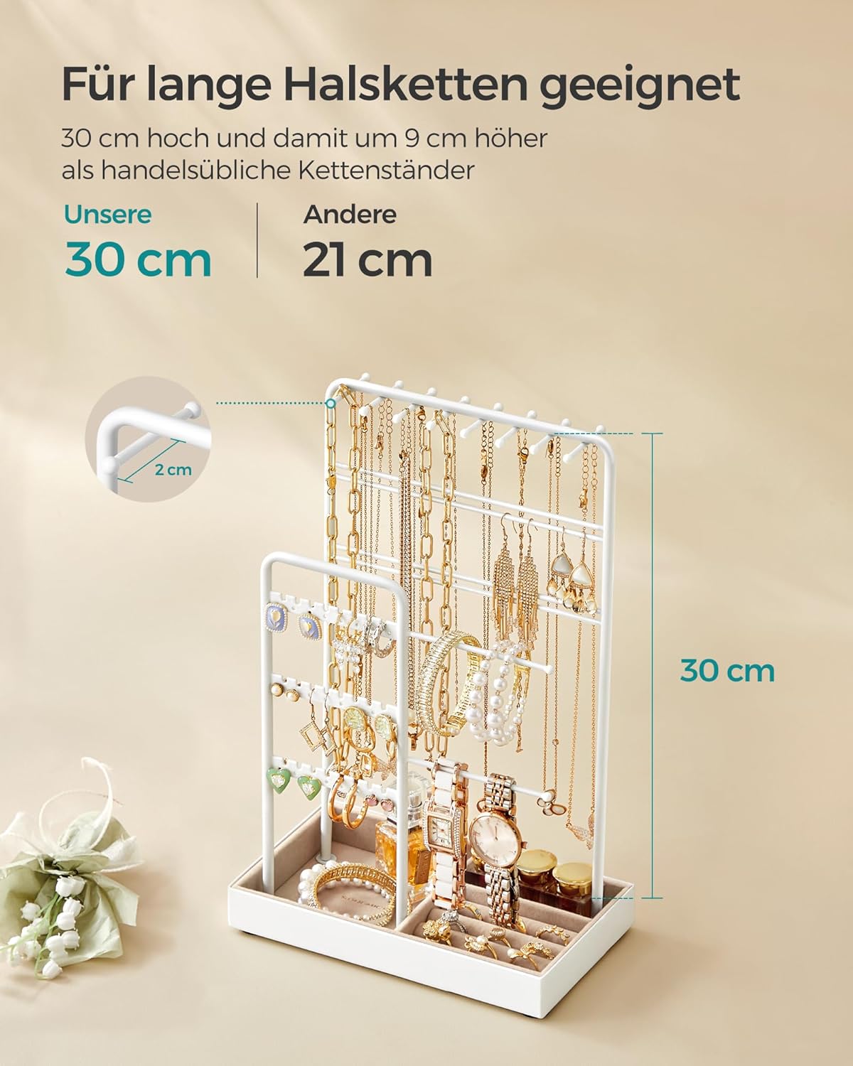 SONGMICS JJS021W01 Jewellery Stand, Metal Frame Jewellery Tray, Velvet Jewellery Storage for Necklaces, Bracelets, Earrings Stud, Rings Gift Idea White – Bild 7