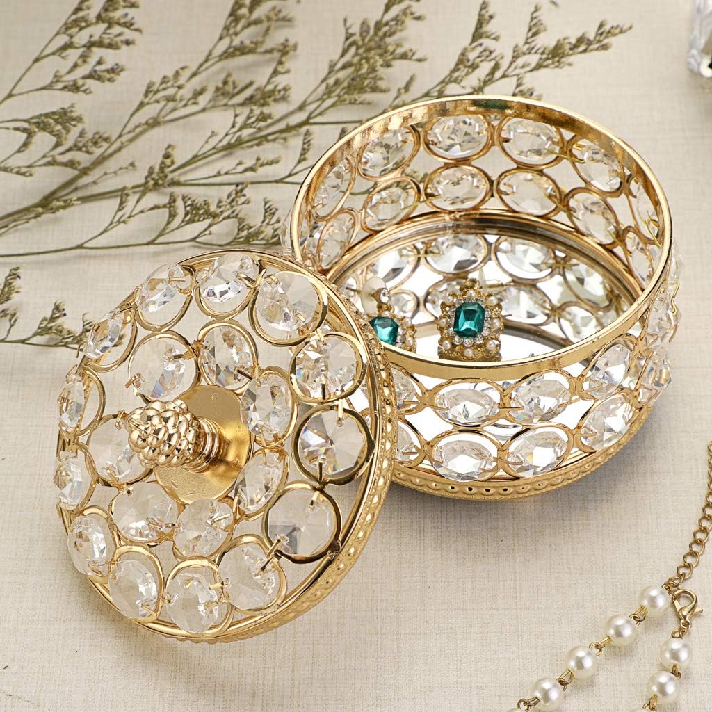 SUMTree Round Crystal Jewellery Box Lid Made of Crystal Metal Jewellery Case Jewellery Holder Jewellery Box Decoration for Living Room Bedroom Bathroom Golden Gift for Wife Girlfriend – Bild 2
