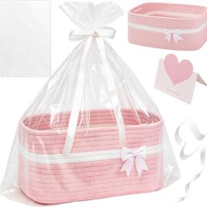 Empty Large Gift Basket with Greeting Card, Braided Storage Basket for Baby Shower Birthday Wedding Basket Pink Cotton Rope Fabric Basket Small Gift Basket for Shelves Bathroom Living Room Children's