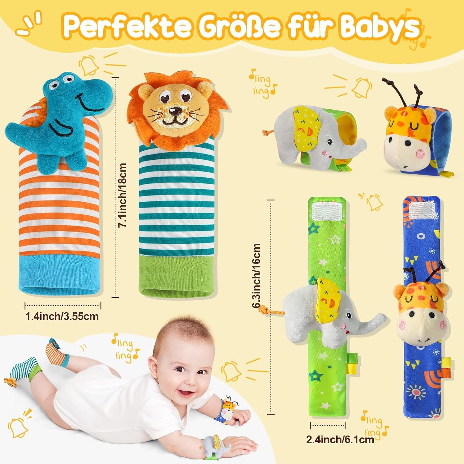 URMYWO 4 x rattle baby socks, baby toy, wrist and newborn toy for babies, girls, boys, early education toy for newborns, toddlers, toy for baby toys, 0-6 months – Bild 2