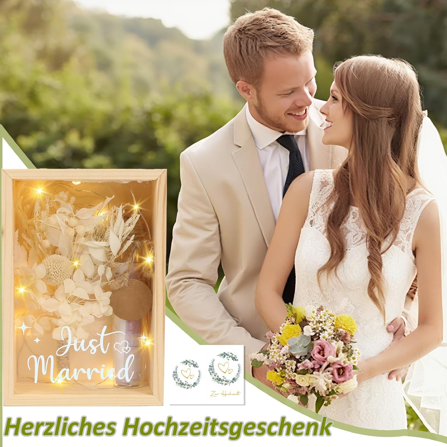 JustMarried Wedding Money Gift for Newlyweds, Gift Wedding Money for Newlyweds, Money Gifts with Dried Flowers, Wooden Box, Test Tube, Engagement, Wedding Anniversary, Wedding Gift – Bild 6