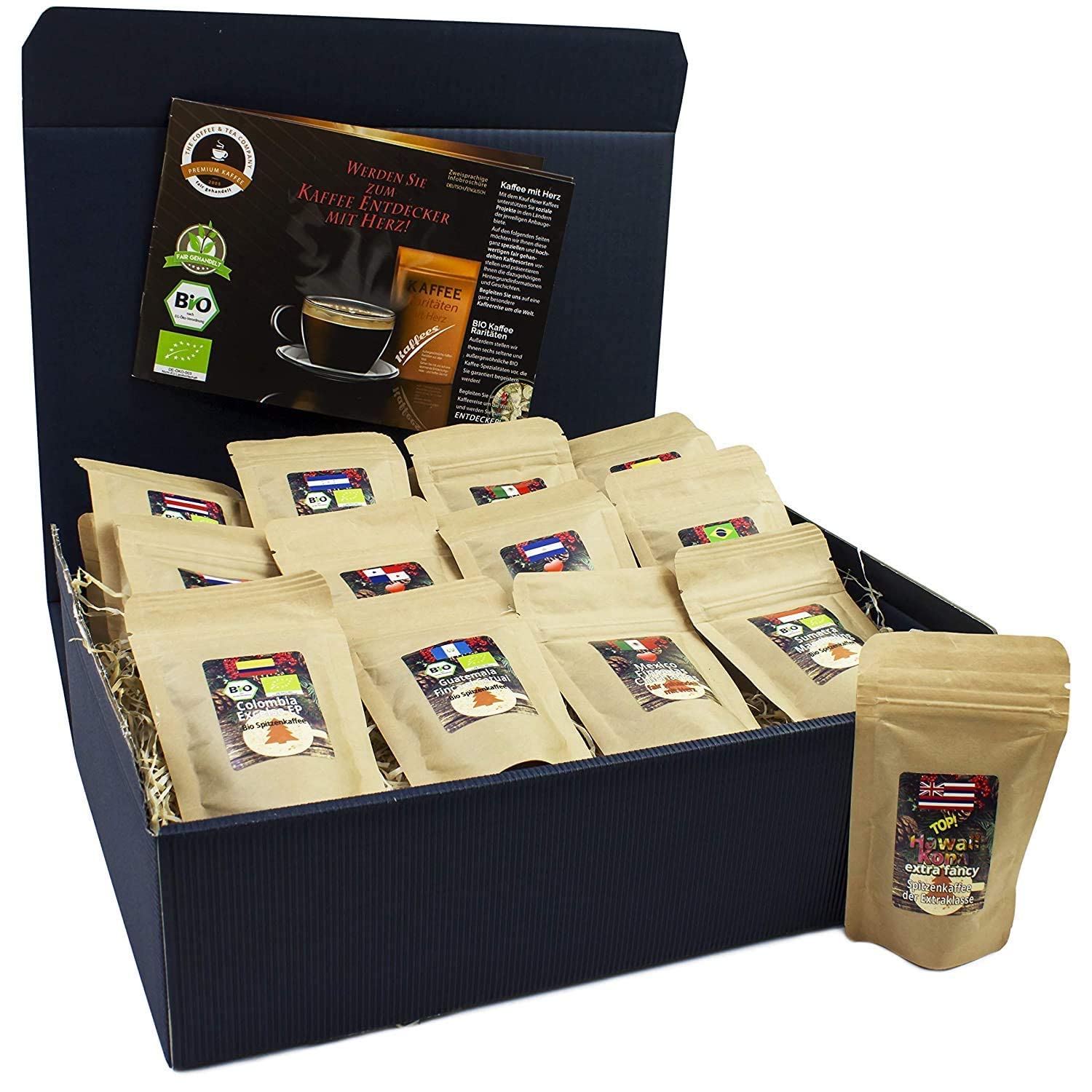 C&T Coffee Gift Set Organic Fair Trade 13 Varieties of 20 g (Ground) with 13 Organic, Rarity and Fair Trade Coffees Plus Surprise Gift for Men and Women