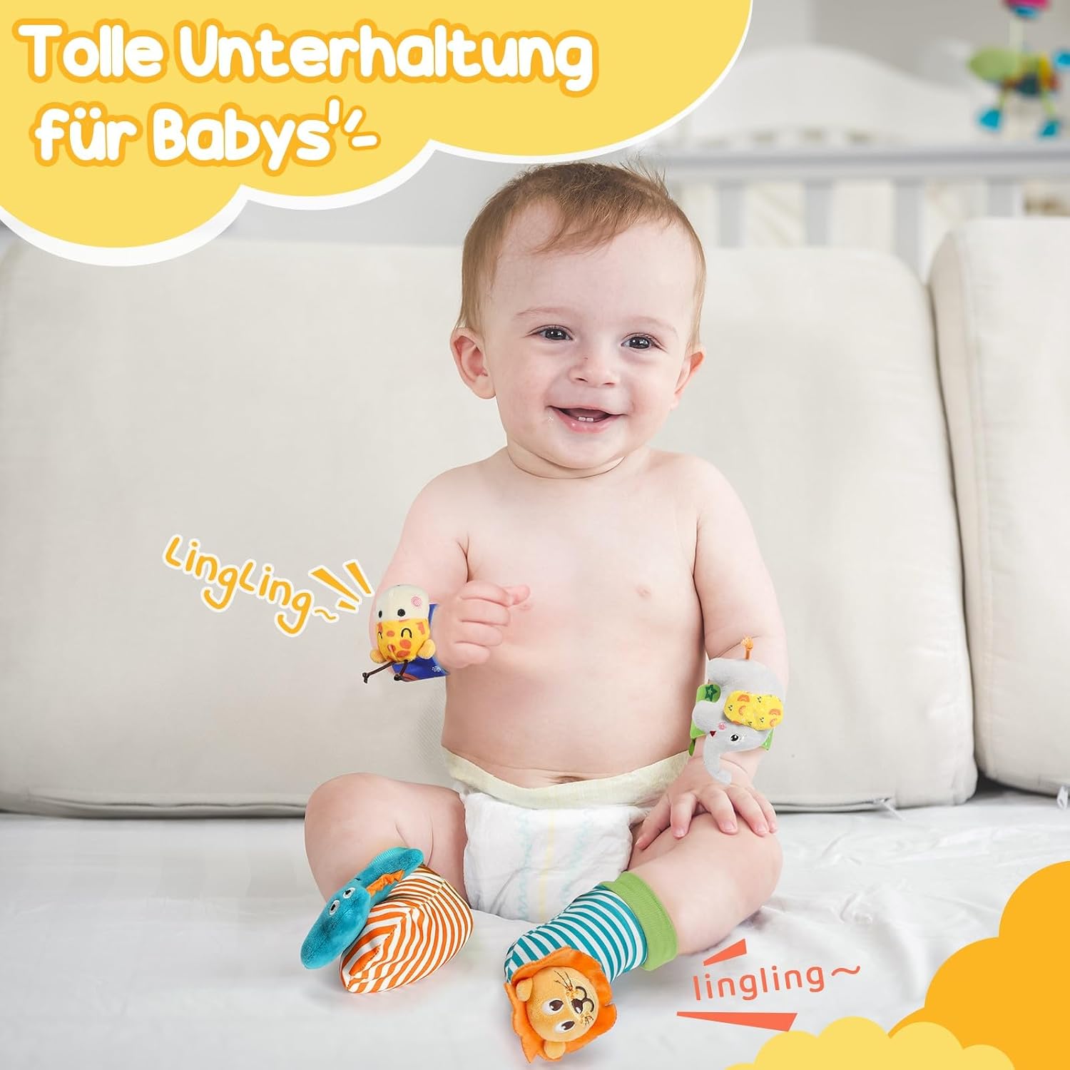 URMYWO 4 x rattle baby socks, baby toy, wrist and newborn toy for babies, girls, boys, early education toy for newborns, toddlers, toy for baby toys, 0-6 months – Bild 5