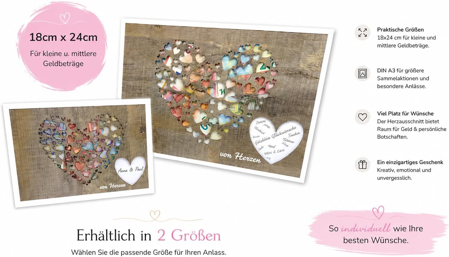 Traumwelten-Zimmermann Wedding Money Gift in Picture Frame with Real Glass, Creative Money Gift Packaging for Bride and Groom, Wooden Heart Motif, Wedding Gift, 18 x 24 cm – Bild 4