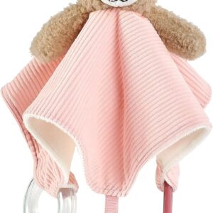 CREVENT 3-in-1 Baby Cuddle Blanket with Teether & Rattle | Plush Buyable Animal Head Safety Blanket Birthday Gift – Pink Bear