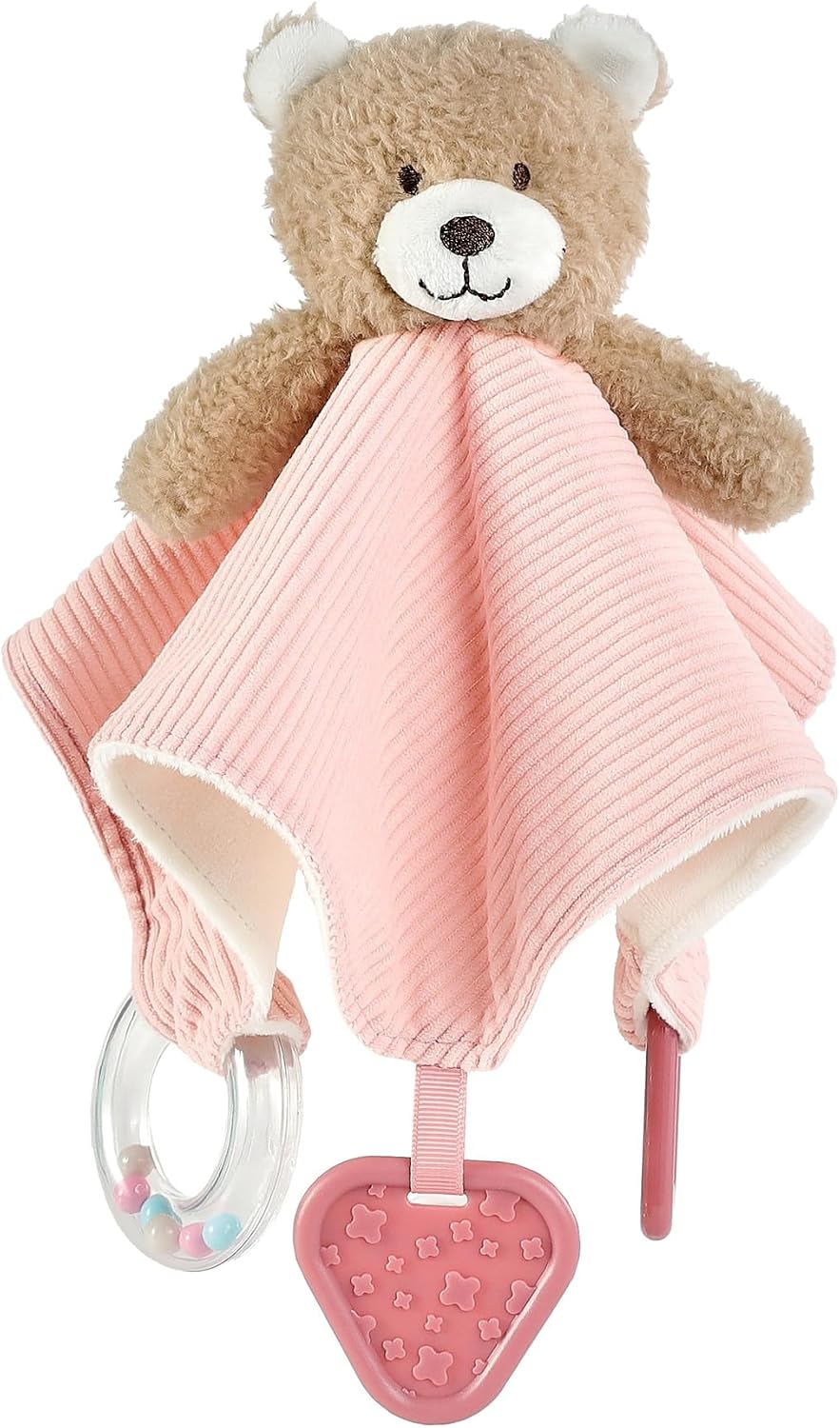 CREVENT 3-in-1 Baby Cuddle Blanket with Teether & Rattle | Plush Buyable Animal Head Safety Blanket Birthday Gift - Pink Bear