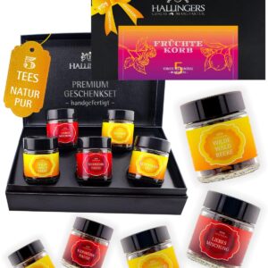 Hallingers Genuss Manufaktur Tea Gift Set – 5 Varieties Premium Loose Tea Tasting Set in Elegant Gift Box with Recipe Booklet „Fruit Basket“, Gift Idea for Men and Women