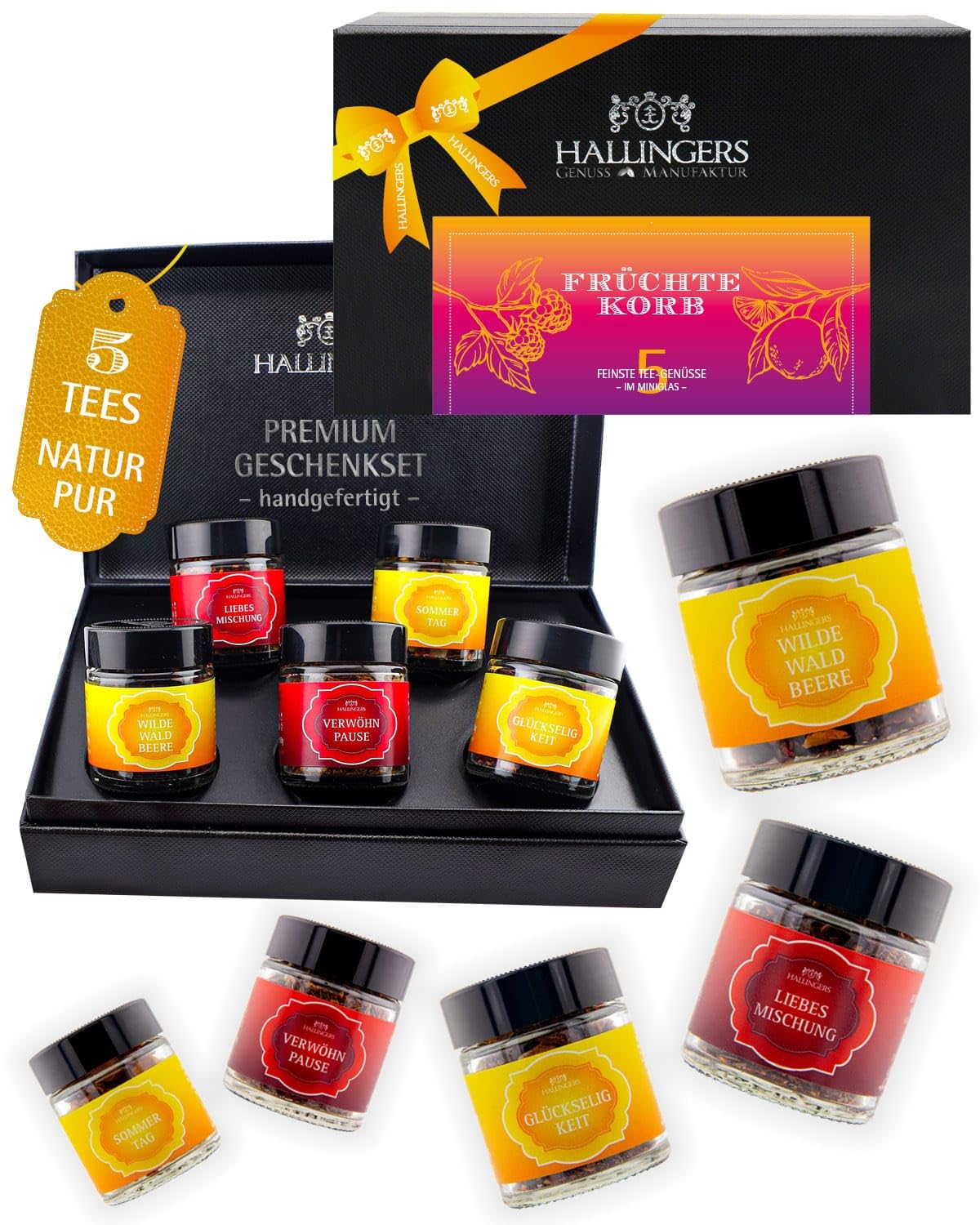 Hallingers Genuss Manufaktur Tea Gift Set - 5 Varieties Premium Loose Tea Tasting Set in Elegant Gift Box with Recipe Booklet "Fruit Basket", Gift Idea for Men and Women