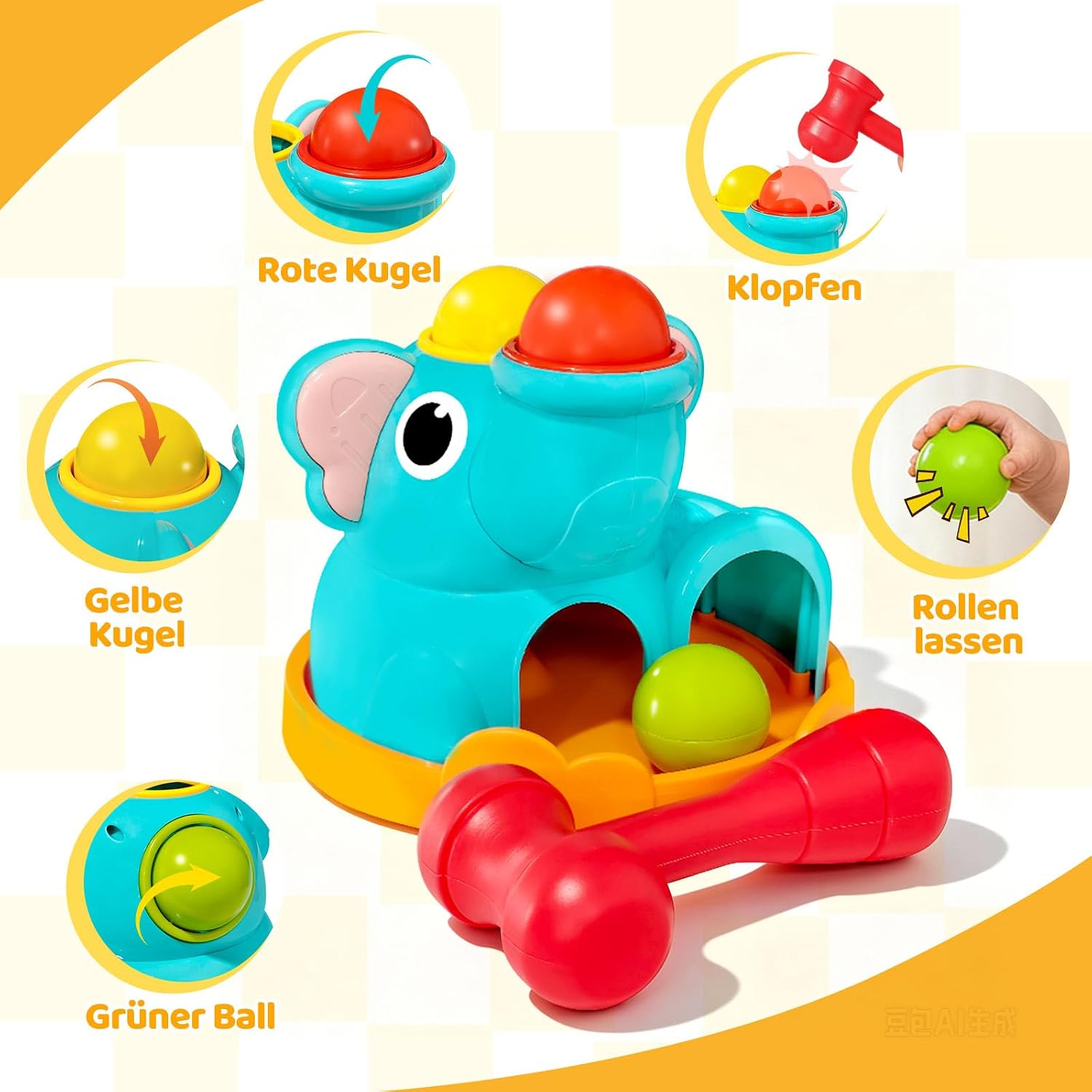 DQMOON Montessori Toy from 1 Years, Montessori Motor Skills Toy with Hammer and 3 Balls, Knocking Game for Children 1 2 Years, Baby Toy to Promote Fine Motor Skills, Educational Toy Boys Girls – Bild 3