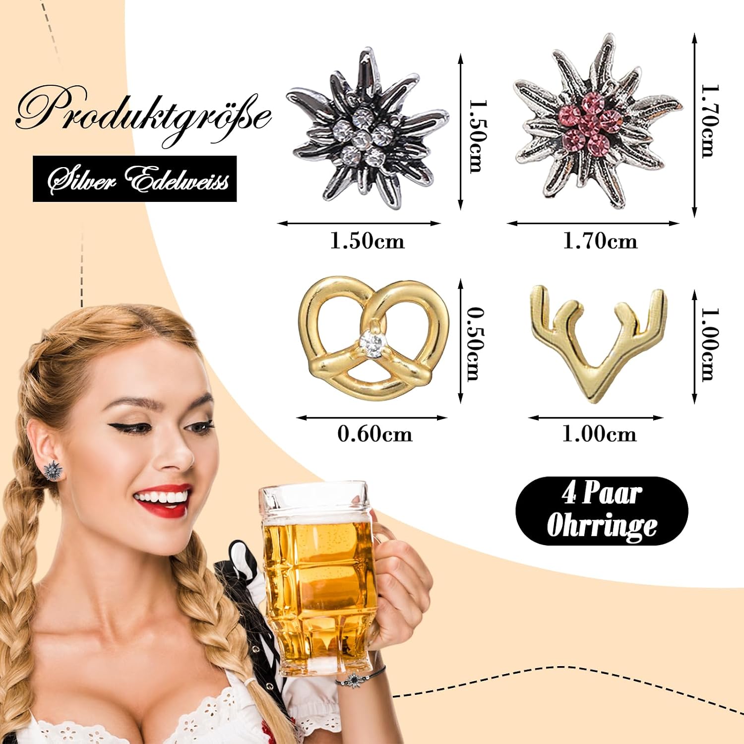 Oktoberfest Decoration, 4 Pairs of Stud Earrings with Edelweiss Stud Earrings, Silver and Pink Stones, Elk Antlers, Pretzel Earrings, Beer Lover Gift, Oktoberfest Accessories, Cute Girl Exotic, Boho – Bild 2