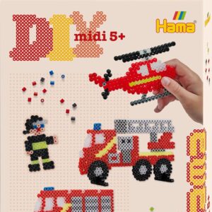 Hama 3441 Firefighters Hanging Box, Small Gift Pack, Fire Brigade Iron-On Beads, Midi, Approx. 2000 Pieces, Including Pin Plates and Accessories, Colourful, One Size