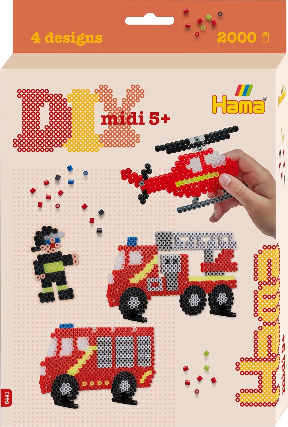 Hama 3441 Firefighters Hanging Box, Small Gift Pack, Fire Brigade Iron-On Beads, Midi, Approx. 2000 Pieces, Including Pin Plates and Accessories, Colourful, One Size