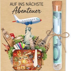 Money Gift Travel, Original Birthday Money Gift, Wood, 10 x 13 cm, Aeroplane Holiday Gift Packaging with Test Tube, Honeymoon Money Gift, Wooden Decoration for Friends, Family, Women, Men