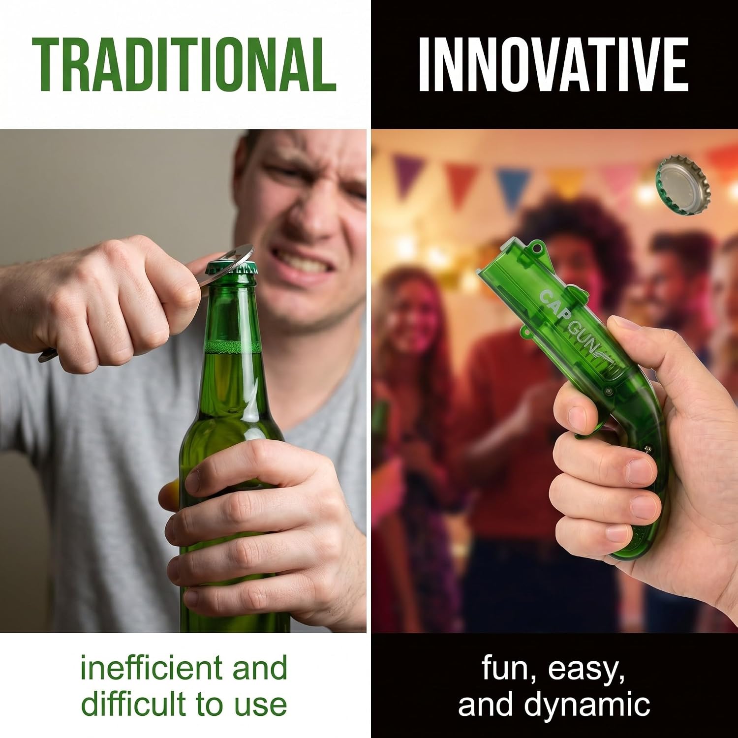 Bottle Opener Gun - Funny Beer Opener with Shooting Function for Parties & Bars, Creative Gadget in Transparent Bottle Green, Ideal Men's Gift for Birthday and Christmas – Bild 3