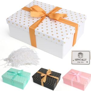 Luxury Gift Box with Lid, Premium Gift Box Girls Set with Bows Raffia Greeting Cards, 25 x 18 x 8.5 cm, Foldable Gift Box for Valentine’s Day, Birthday, Christmas, Halloween, Wedding (White)