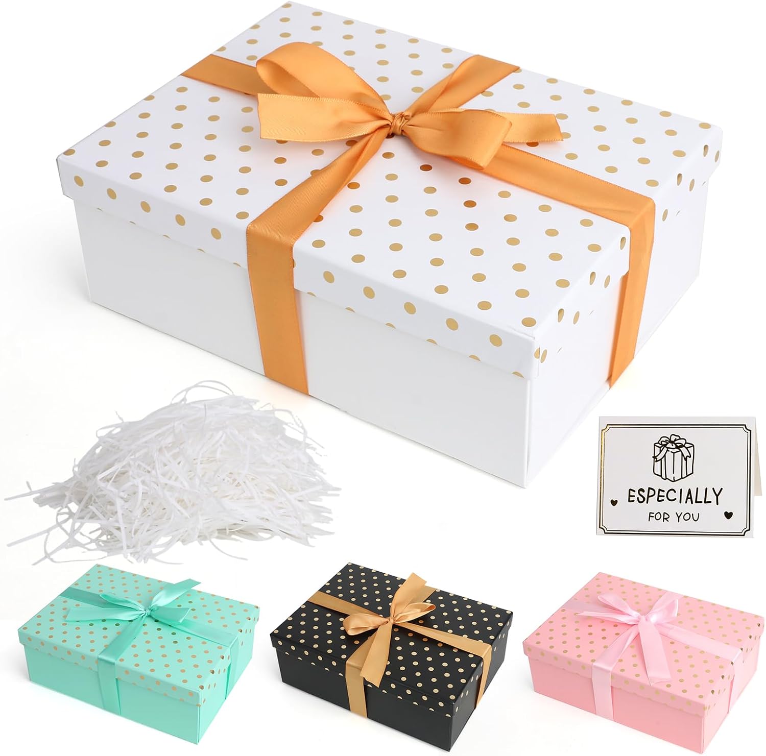 Luxury Gift Box with Lid, Premium Gift Box Girls Set with Bows Raffia Greeting Cards, 25 x 18 x 8.5 cm, Foldable Gift Box for Valentine's Day, Birthday, Christmas, Halloween, Wedding (White)
