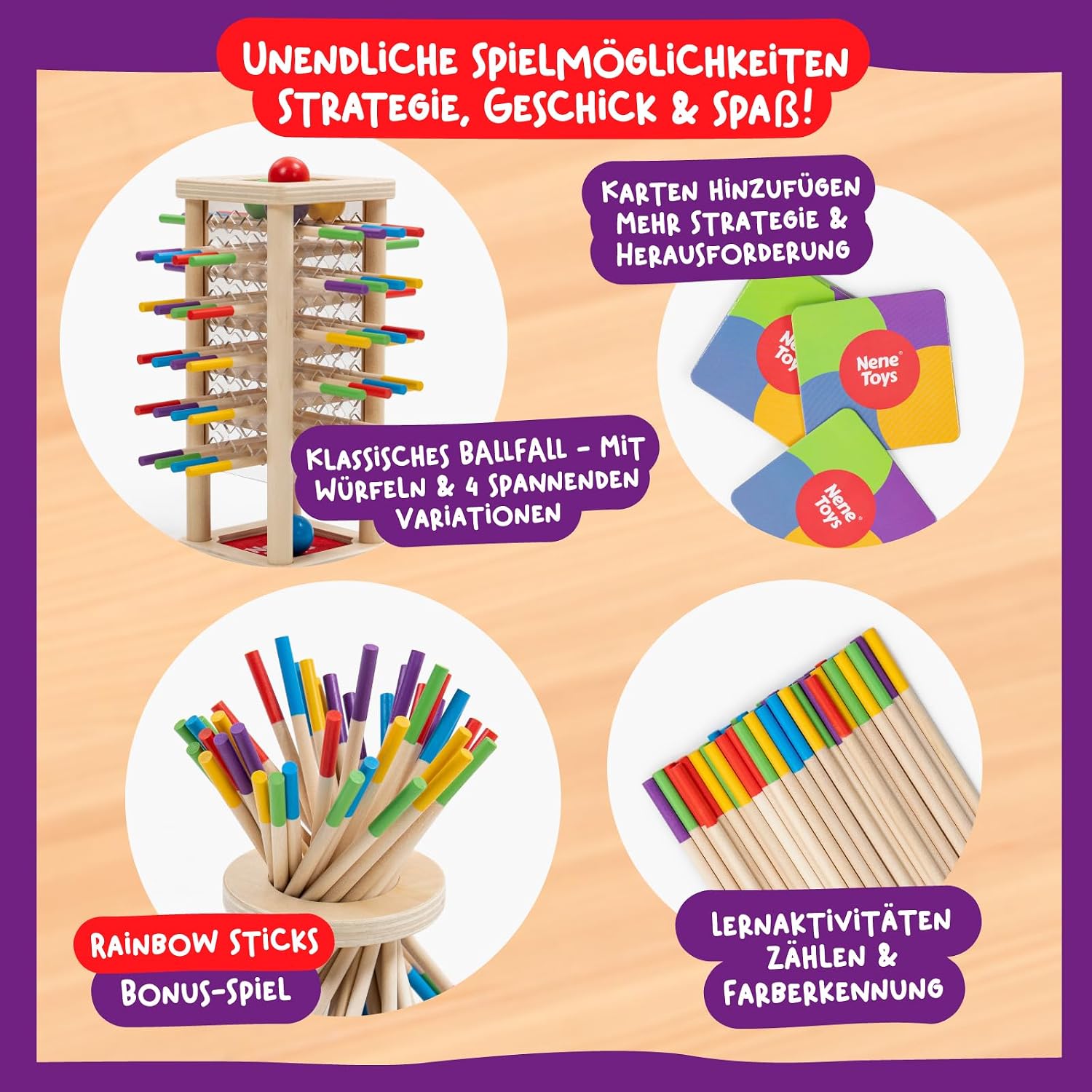 Nene Toys Ballfall, Montessori Toy from 3 4 5 6 Years - Wooden Game for Children - Educational Game with Sticks, Dice & Cards - Educational Board Game - Great Gift Girls Boys from 3-9 Years – Bild 3
