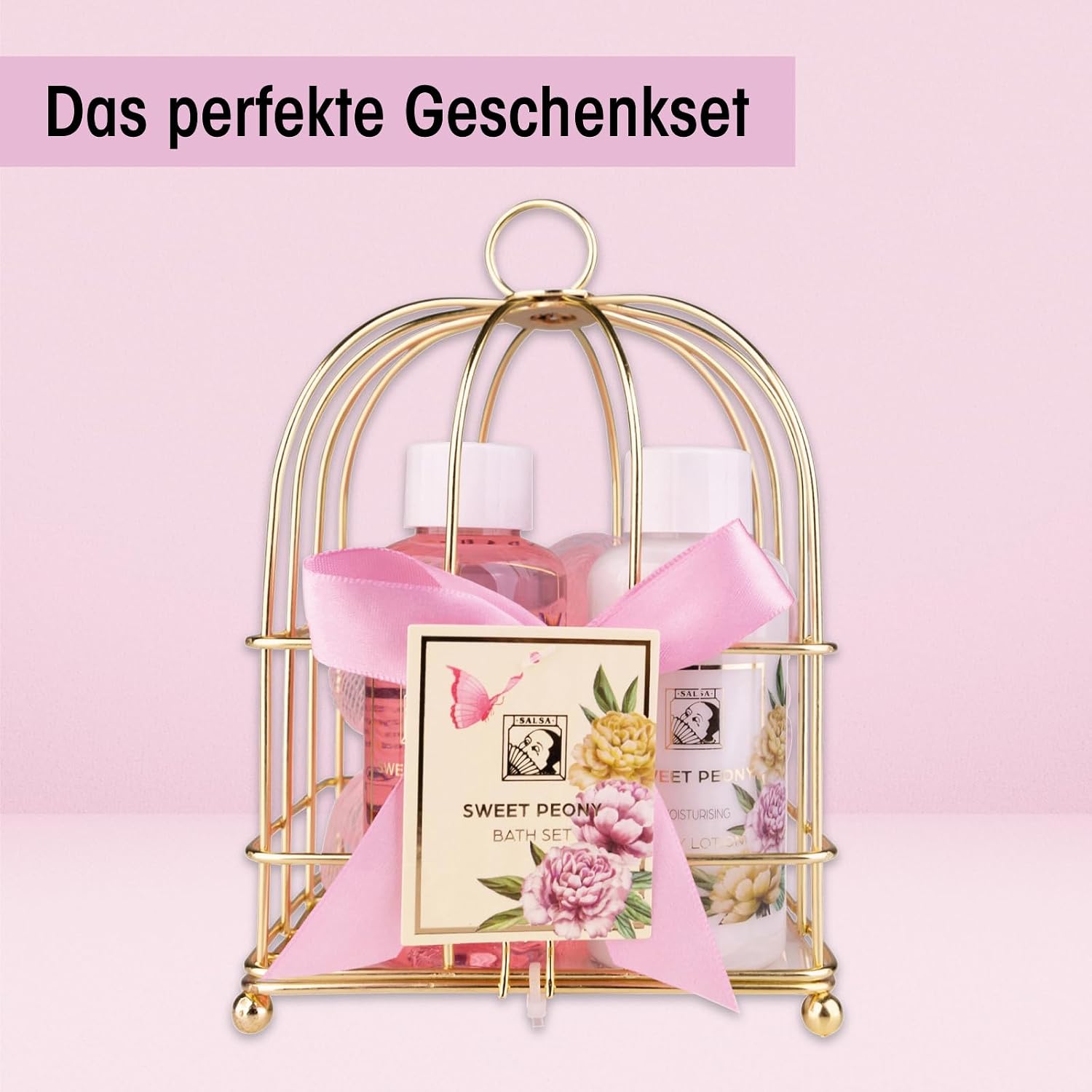 Accentra Sweet Peony Women's Shower Set in Beautiful Wire Basket - 3-Piece Care Set with Shower Gel, Body Lotion and Bath Sponge - Wellness Gift Set for Mother's Day and Valentine's Day – Bild 2