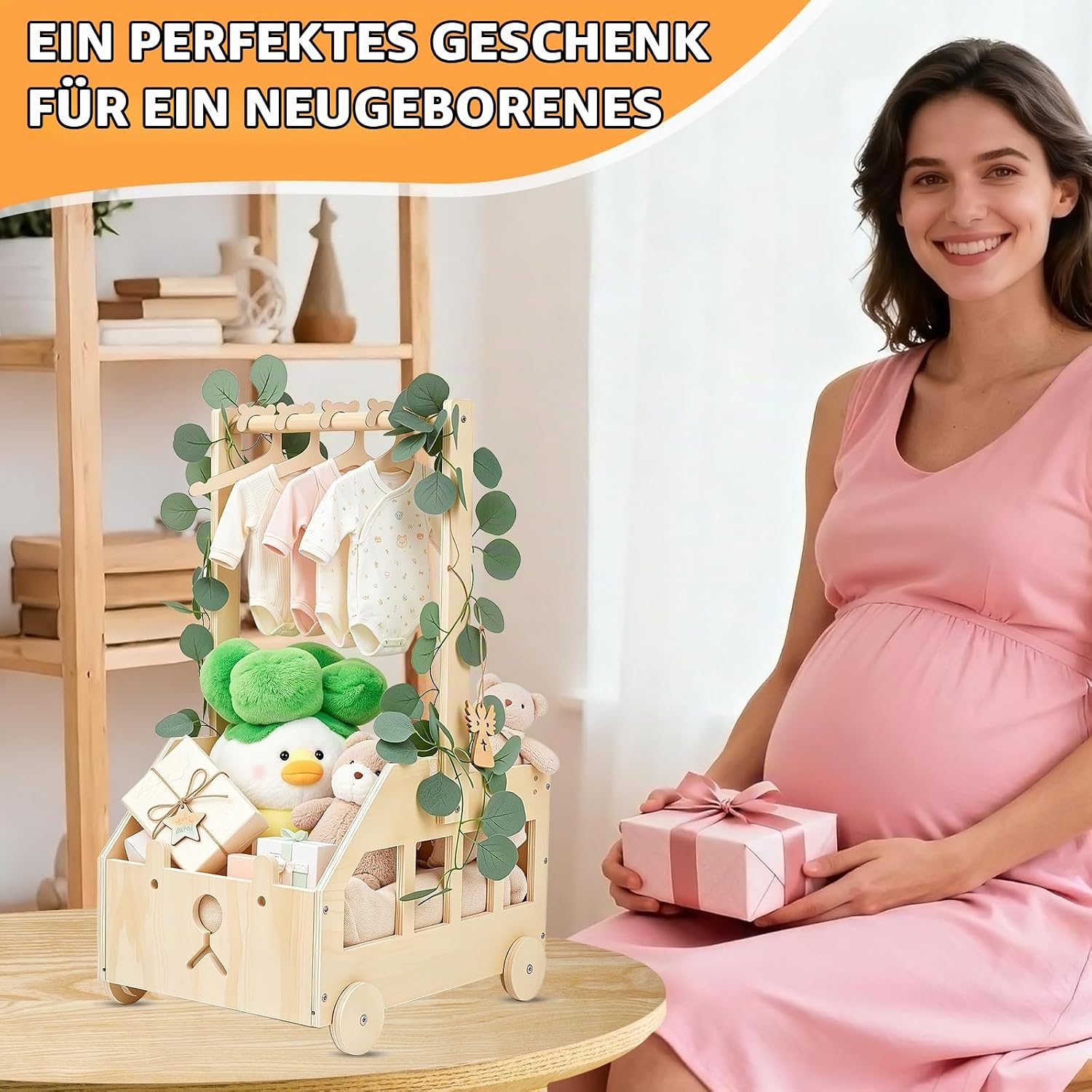 Baby Shower Gift with Wooden Baby Basket on Wheels, Baby Gift Basket with Handle, Wooden Changing Basket, Baby Basket with Bear, Doll Hangers, Decorative Leaves and Angel Day for Newborns – Bild 5