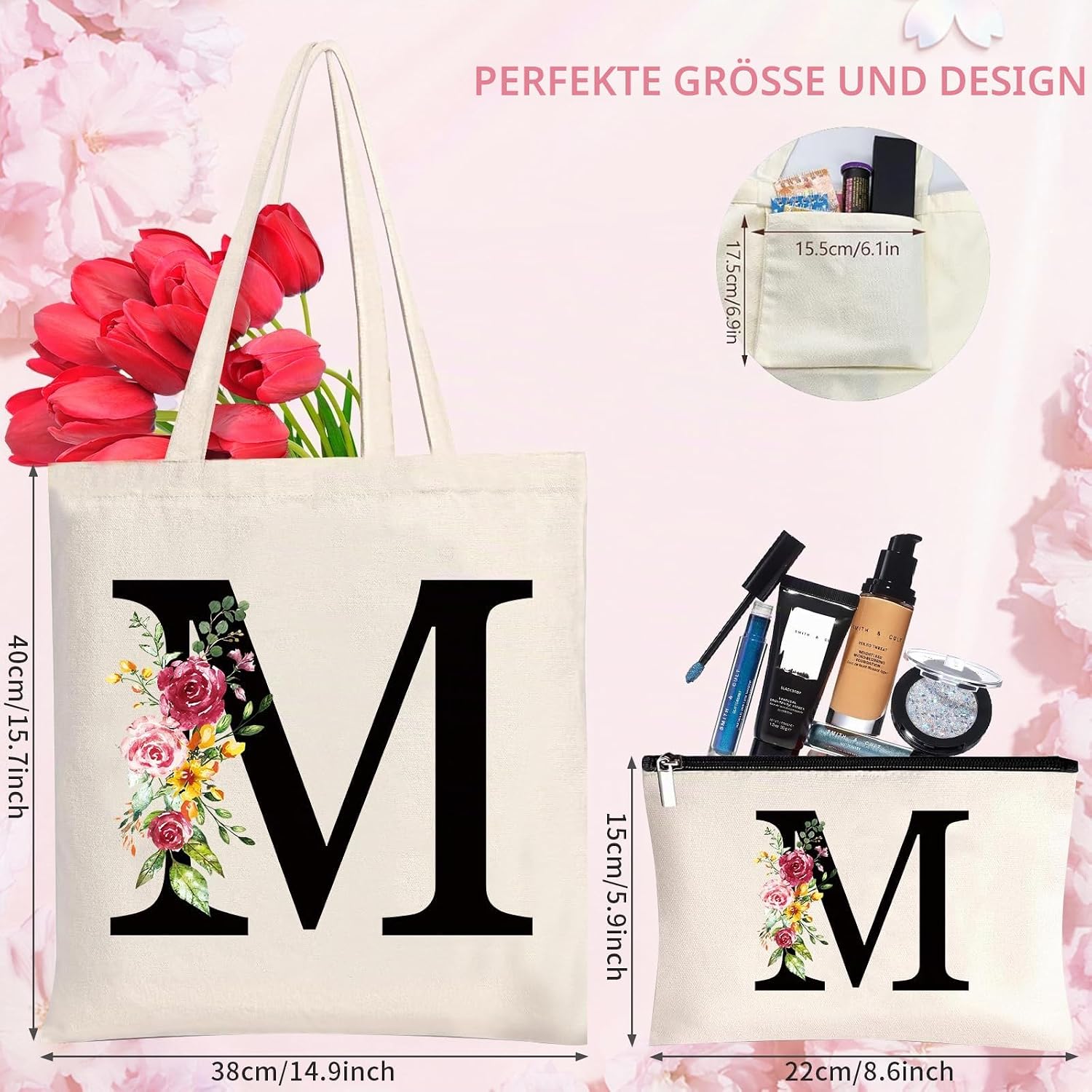 Cotton Bag Personalised with Name, Women's Initials Canvas Gift Tote Bag and Cosmetic Bag for Women Girlfriend Mum Sisters Wife Birthday, Valentine's Day, Mother's Day Bag (S) – Bild 5
