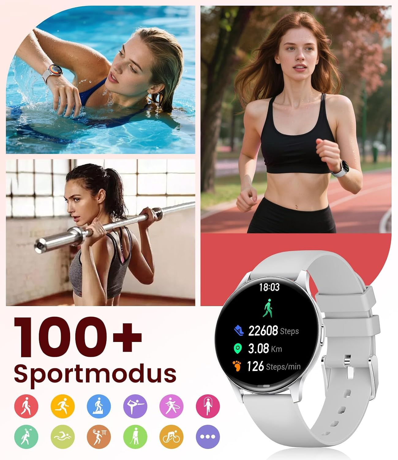 Women's Smartwatch (2 Bracelets), Premium Metal Bracelet, 1.43 Inch HD AMOLED Display, 120+ Sports Modes, Fitness Watch with Sleep Tracking, Phone Function, Watch for iOS Android, Silver – Bild 5