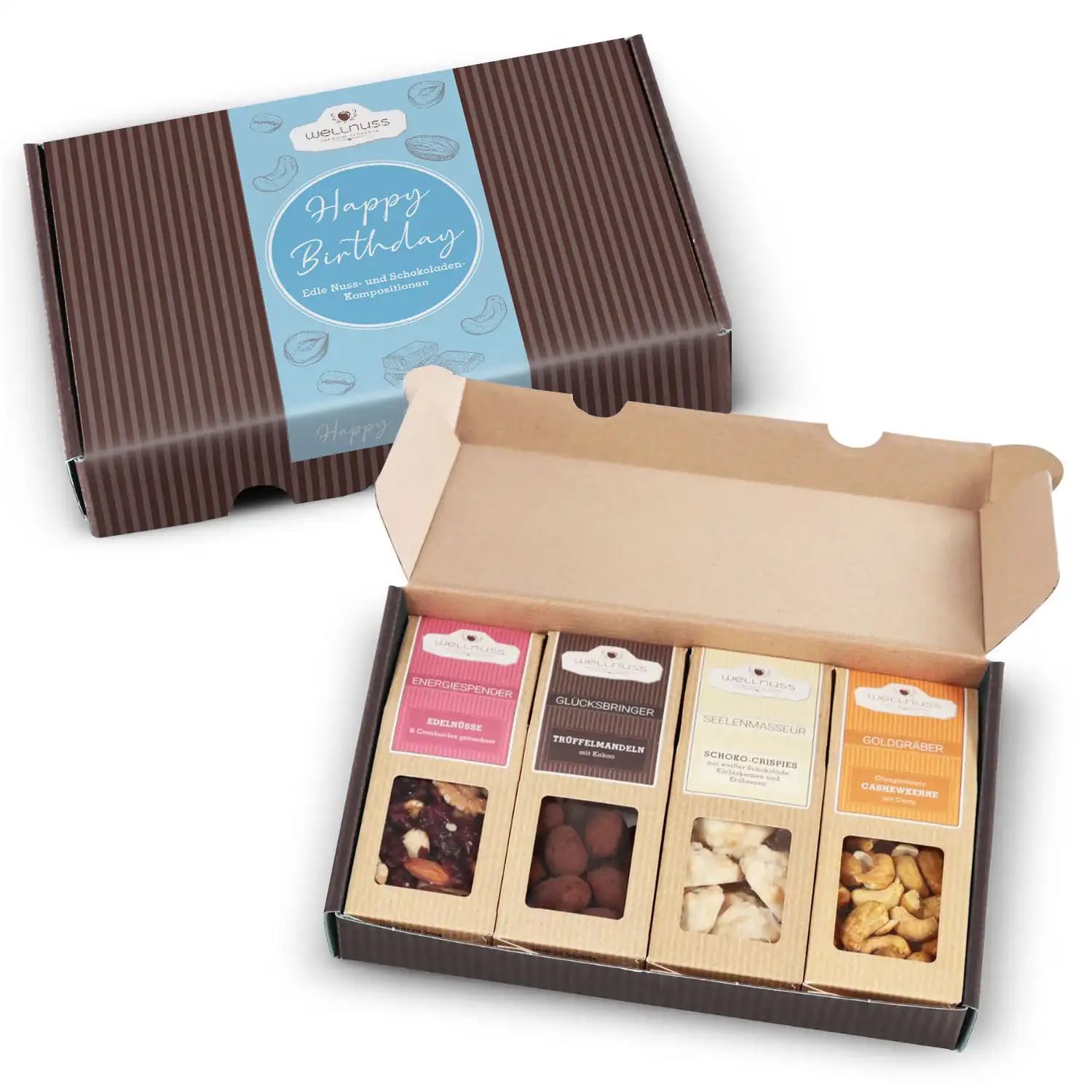 wellnuss Happy Birthday 4 Snack Sensations in Gift Box - Premium Selection - The Birthday Gift for Gourmets and Connoisseurs