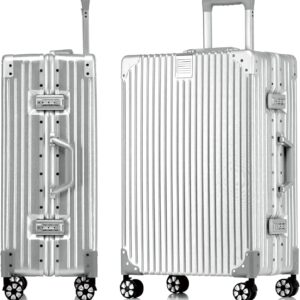 Aoliwei Aluminium Frame Suitcase XL (73 cm) – Robust 100% PC Hard Shell Trolley in Metal Look, 78L Large Travel Suitcase for Check-in, TSA Lock, 4 Quiet 360° Double Wheels, Silver
