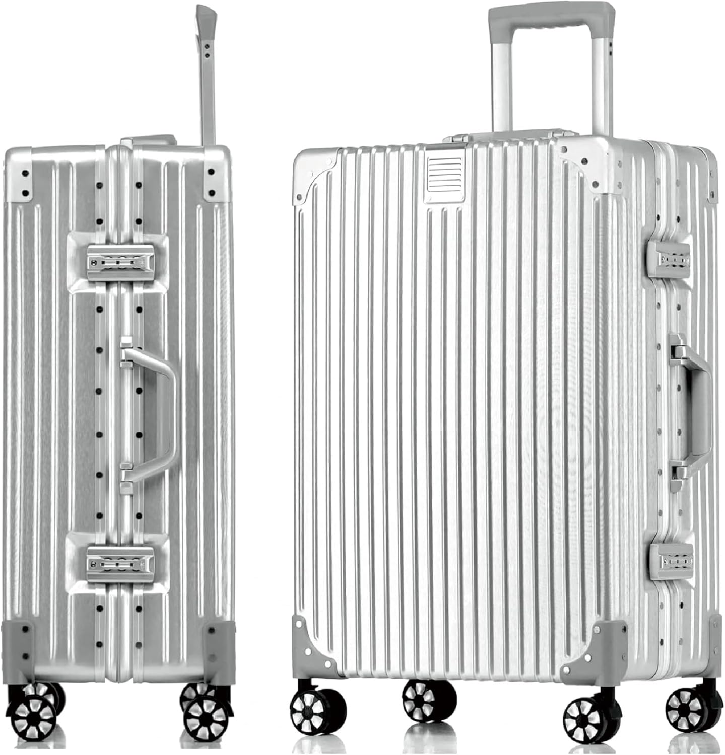 Aoliwei Aluminium Frame Suitcase XL (73 cm) - Robust 100% PC Hard Shell Trolley in Metal Look, 78L Large Travel Suitcase for Check-in, TSA Lock, 4 Quiet 360° Double Wheels, Silver