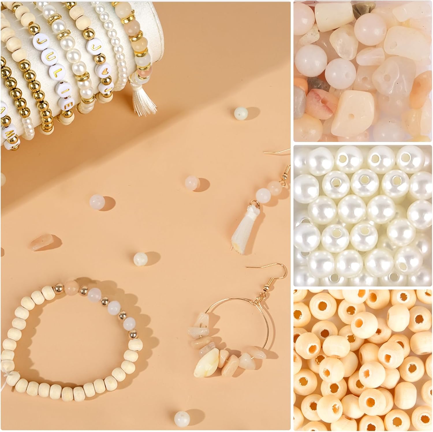 EUES Natural Pink Aventurine Beads for Bracelets, Gemstone Beads Kit, Natural Stone Beads Set with Wooden Beads, Boho Bracelets DIY for DIY Jewellery Beads Bracelet Making Kit, Christmas – Bild 5