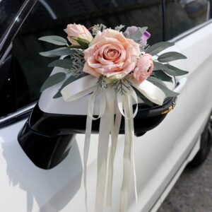 Pack of 2 Wedding Car Decorations, Wedding Car Bows, Vintage Wedding Artificial Flower with Suction Cups for Car Rear View Mirror (Champagne)