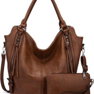 Real Women’s Handbags, Large Shopper, Leather Handbag, Shoulder Bag, Purse, Hobo, Women’s Bag Set for Office, School, Shopping, Travel, 2 Pieces Leather, brown