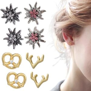 Oktoberfest Decoration, 4 Pairs of Stud Earrings with Edelweiss Stud Earrings, Silver and Pink Stones, Elk Antlers, Pretzel Earrings, Beer Lover Gift, Oktoberfest Accessories, Cute Girl Exotic, Boho