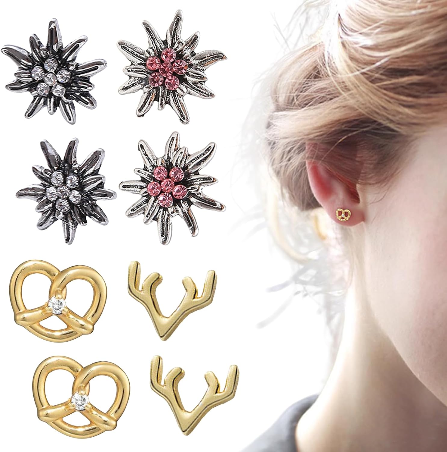 Oktoberfest Decoration, 4 Pairs of Stud Earrings with Edelweiss Stud Earrings, Silver and Pink Stones, Elk Antlers, Pretzel Earrings, Beer Lover Gift, Oktoberfest Accessories, Cute Girl Exotic, Boho
