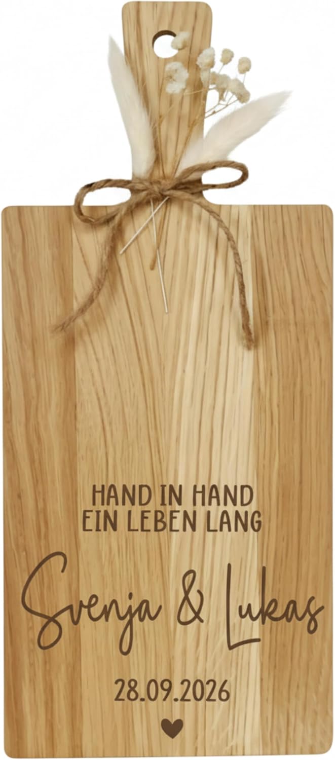 Personalised Wedding Gift Oak Chopping Board, Hand in Hand for a Lifetime, with Name and Date Engraving, 34 x 15 cm, Serving Board with Jute Bow and Dried Flowers
