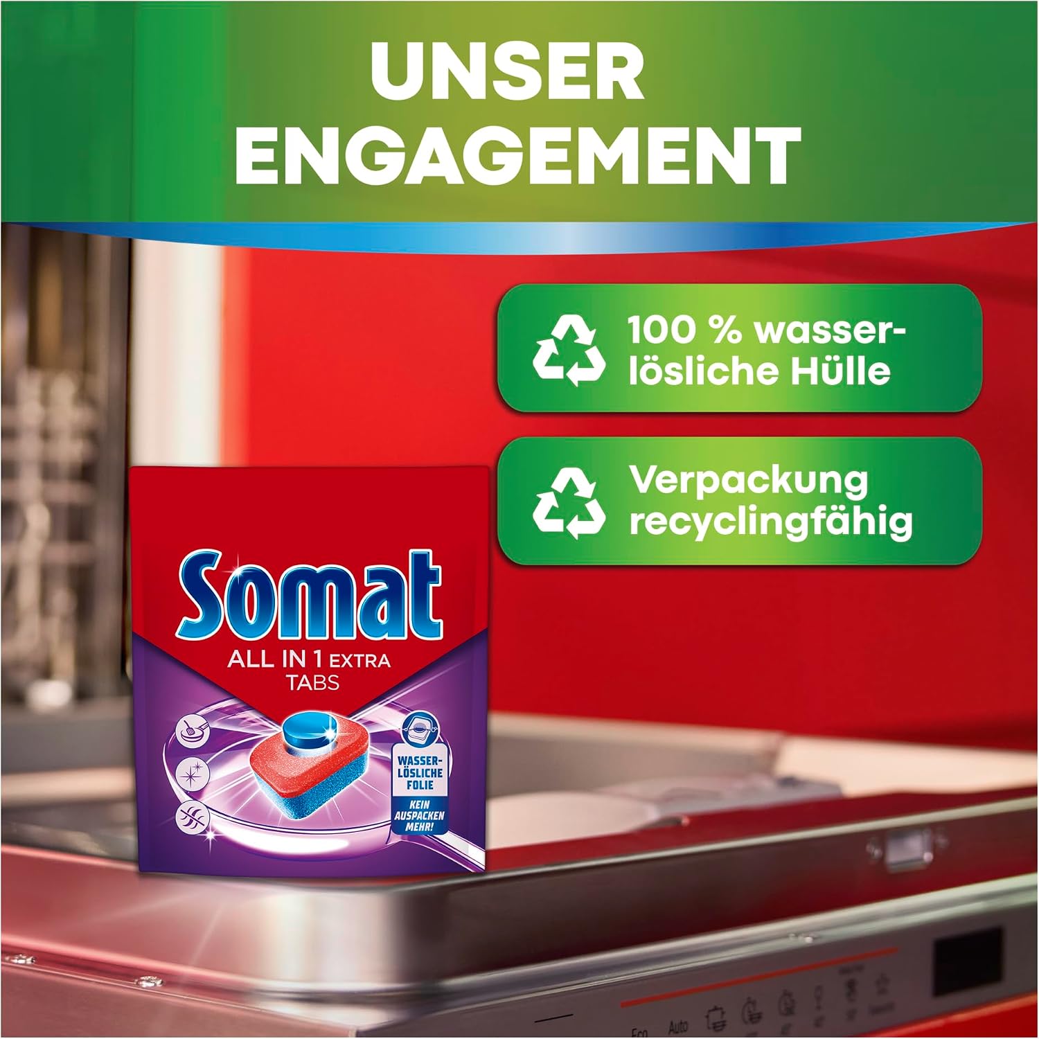 Somat All in 1 Extra Dishwasher Tablets (4 x 92 AW), Dishwasher Tablets for Radiantly Clean Dishes, Even in Low Temperature, Short & Eco Programs, Removes Crusted Items, Provides Brilliant Shine – Bild 7