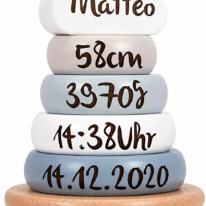 Stacking Tower Nougat - Personalised I Gift for Birth I Baby Wooden Toy I Personalised Gifts Baby I Label I Stacking Game with Name & Birth Data (Blau)