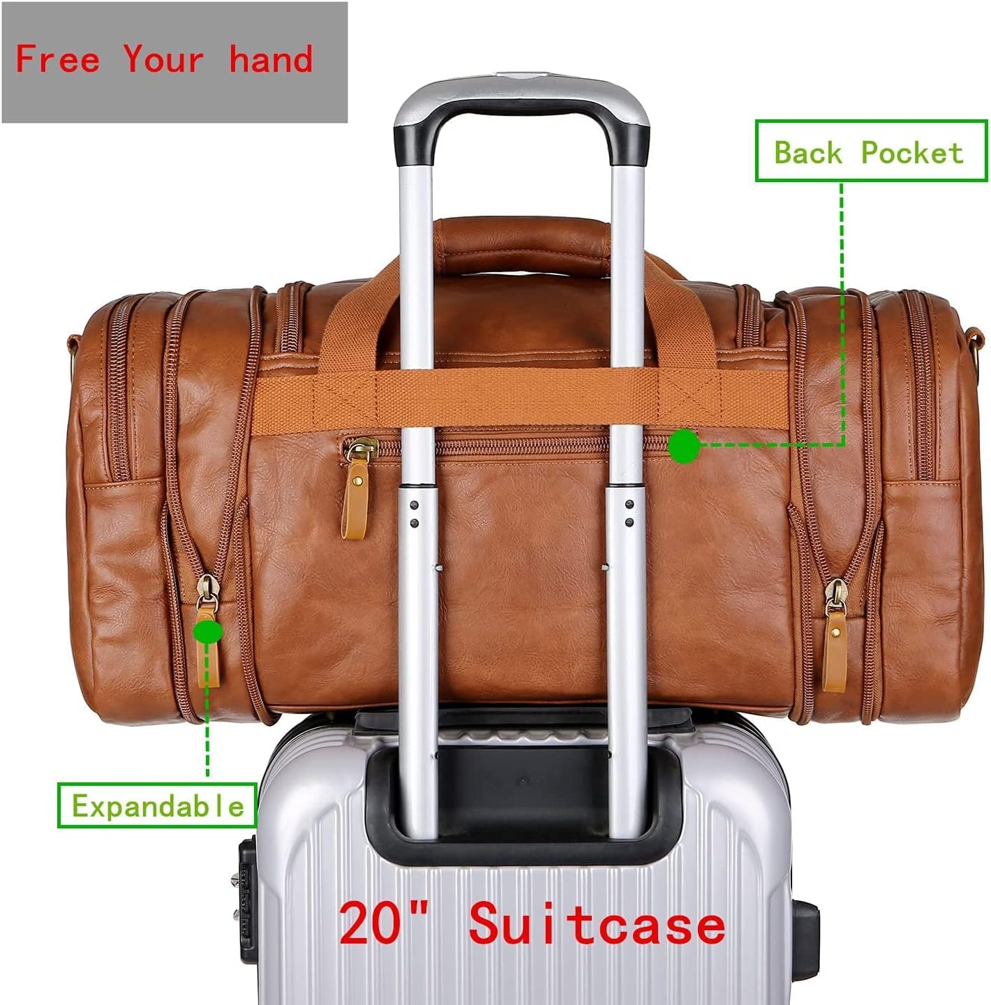 BAOSHA Faux Leather Travel Duffel Weekender Bag Hand Luggage Sleeping Bag Sports Bag for Men and Women HB-21 (Brown) – Bild 5