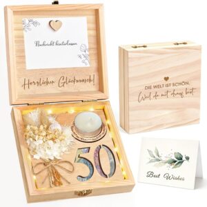 inyeskon Money Gifts Birthday 50, Creative Money Gift Made of Wood Packaging Gift Box with Dried Flowers, Wooden Love Magnet and Greeting Card for Birthday Woman Man