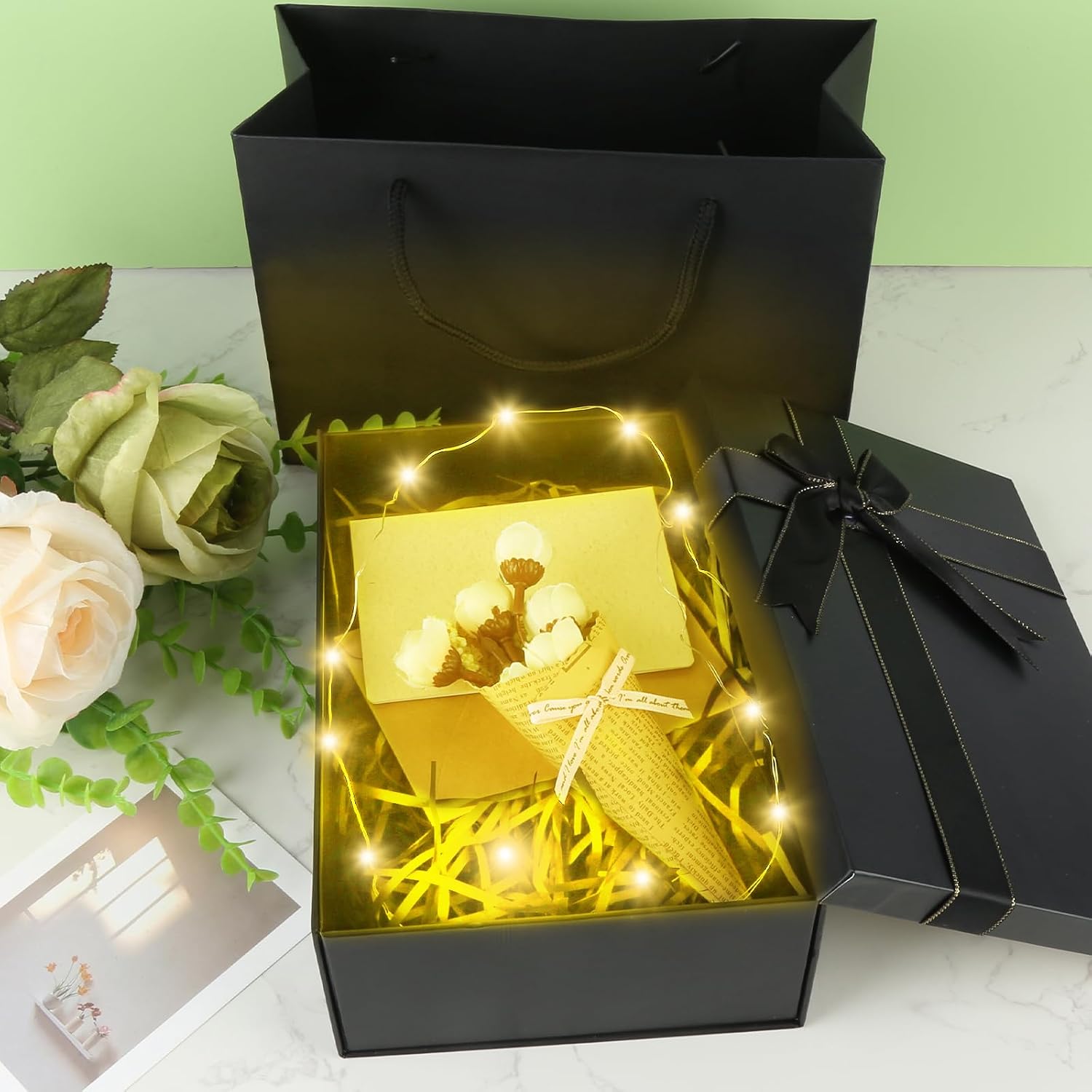 Gift Box with Lid, 22.5 x 16 x 8.5 cm, Black Gift Box, Birthday, Gift Packaging with Greeting Card, Fairy Lights, Raffia and Carry Bag, Gift Box for Wedding, Birthday – Bild 3
