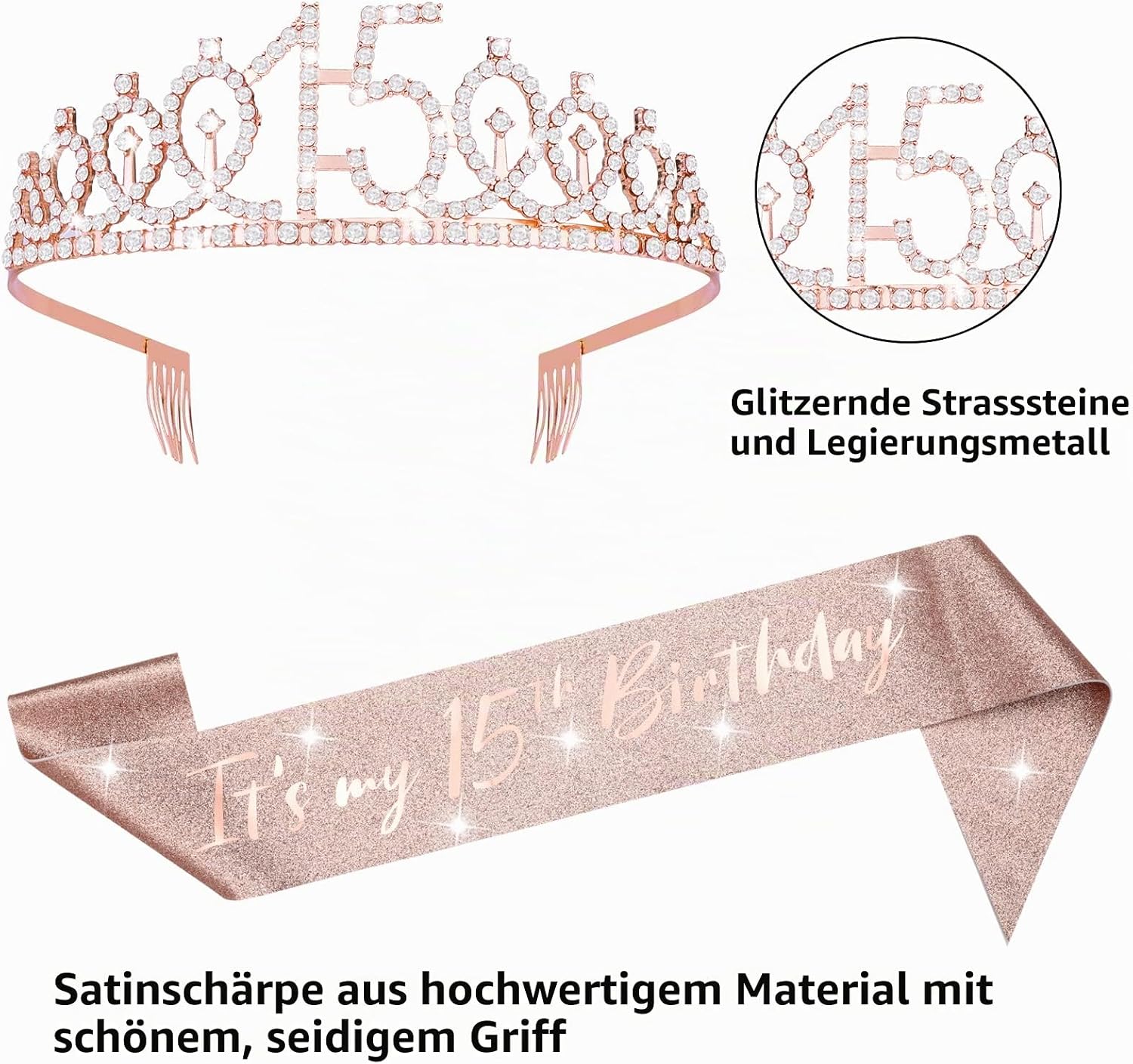 Abeillo 15th Birthday Crown, Birthday Sash 15 Years Girl, 15th Birthday Crown and Sash, It's My 15th Birthday Crown for 15 Years Girls Party Gift Birthday Decoration – Bild 2